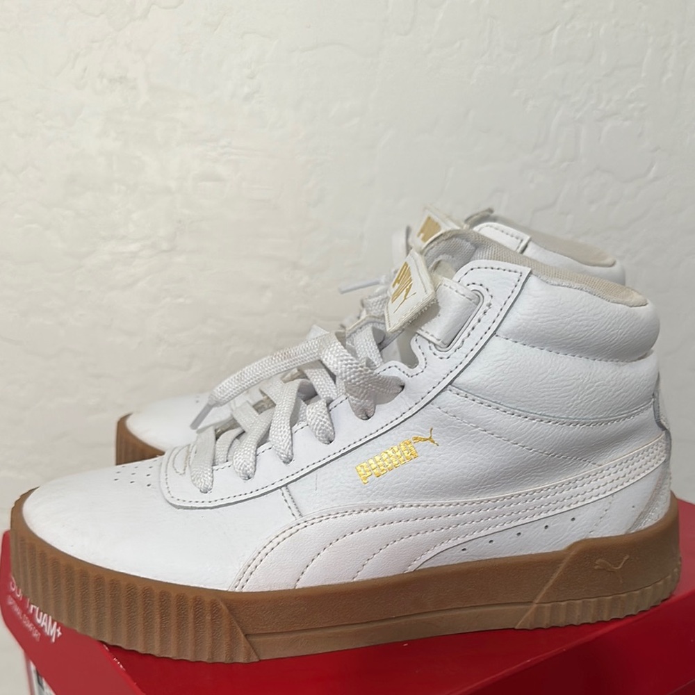 PUMA Women's White High-Top Leather Sneakers with Gum Sole